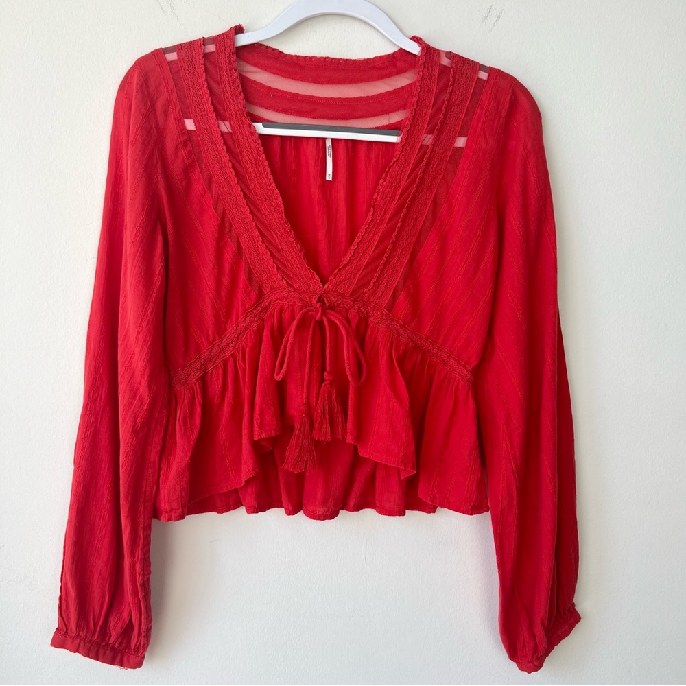 Free People Red Long Sleeve Babydoll Blouse